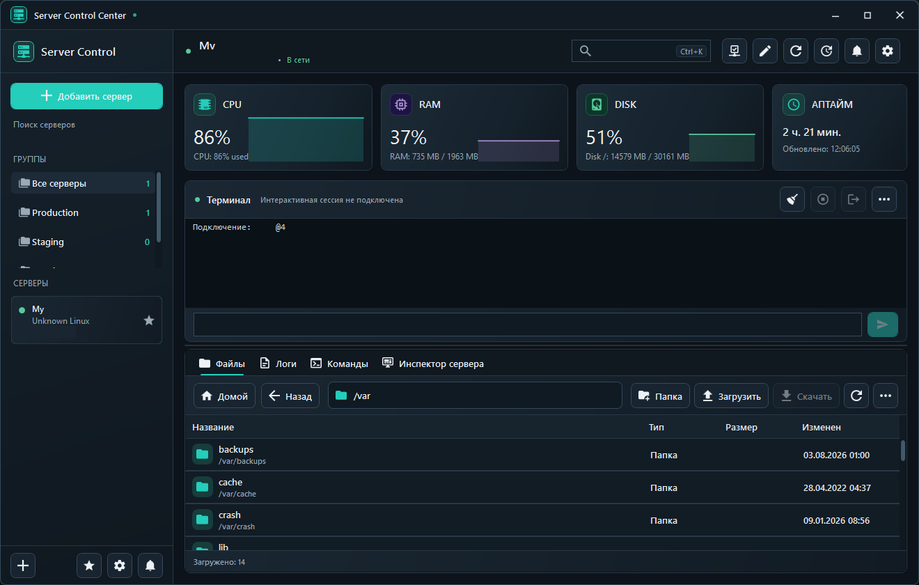 Server Control Center dashboard with server monitoring, terminal, and SFTP file manager